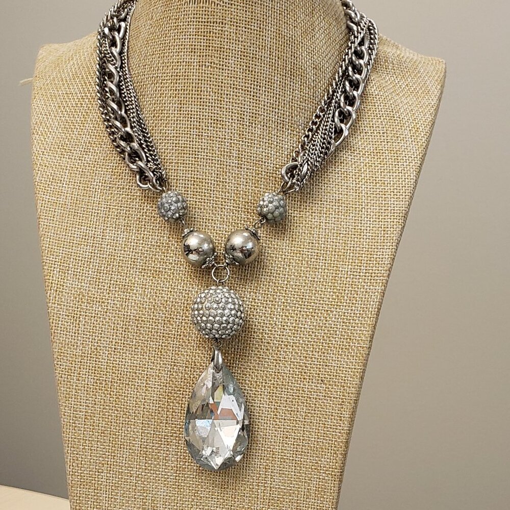 Silver tone metal multi chain teardrop diamond cut rhinestone statement necklace